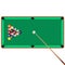 Green billiard table with cue and balls in starting position