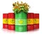 Green biofuel drum with sunflowers in front of red oil or gas ba