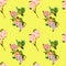 Green bird , blossom cherry tree seamless floral pattern