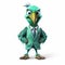 Green Bird In Turquoise Suit: Hyperrealistic Cartoon Illustration