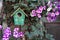 A green birdhouse hangs on a tree surrounded by petunia flowers