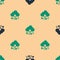 Green and black Acid rain and radioactive cloud icon isolated seamless pattern on beige background. Effects of toxic air