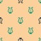 Green and black Ancient Greek lyre icon isolated seamless pattern on beige background. Classical music instrument