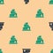 Green and black Babel tower bible story icon isolated seamless pattern on beige background. Vector