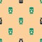 Green and black Balaclava icon isolated seamless pattern on beige background. A piece of clothing for winter sports or a