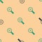 Green and black Biohazard and magnifying glass icon isolated seamless pattern on beige background. Vector