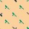 Green and black Bloody knife icon isolated seamless pattern on beige background. Vector