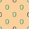 Green and black Carabiner icon isolated seamless pattern on beige background. Extreme sport. Sport equipment. Vector