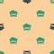 Green and black Coal mine trolley icon isolated seamless pattern on beige background. Factory coal mine trolley. Vector
