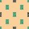 Green and black Commercial refrigerator to store drinks icon isolated seamless pattern on beige background. Perishables