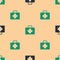 Green and black First aid kit icon isolated seamless pattern on beige background. Medical box with cross. Medical