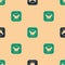 Green and black Graduation cap icon isolated seamless pattern on beige background. Graduation hat with tassel icon