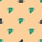 Green and black Gun in holster, firearms icon isolated seamless pattern on beige background. Vector