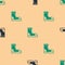 Green and black Hunter boots icon isolated seamless pattern on beige background. Vector