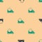 Green and black Logistics delivery truck and clock icon isolated seamless pattern on beige background. Delivery time