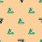 Green and black Mars rover icon isolated seamless pattern on beige background. Space rover. Moonwalker sign. Apparatus