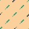 Green and black Meatballs on wooden stick icon isolated seamless pattern on beige background. Skewer with meat. Vector