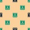 Green and black Online education and graduation icon isolated seamless pattern on beige background. Online teacher on