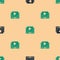 Green and black Online play video icon isolated seamless pattern on beige background. Laptop and film strip with play