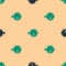 Green and black Puffer fish icon isolated seamless pattern on beige background. Fugu fish japanese puffer fish. Vector