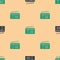 Green and black Radio with antenna icon isolated seamless pattern on beige background. Vector