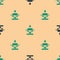 Green and black Robot toy icon isolated seamless pattern on beige background. Vector