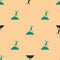 Green and black Sandbox with sand and shovel icon isolated seamless pattern on beige background. Vector