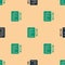 Green and black Scenario icon isolated seamless pattern on beige background. Script reading concept for art project