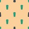 Green and black Sleeping bag icon isolated seamless pattern on beige background. Vector