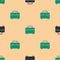 Green and black Toolbox icon isolated seamless pattern on beige background. Tool box sign. Vector Illustration