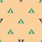 Green and black Tourist tent icon isolated seamless pattern on beige background. Camping symbol. Vector Illustration