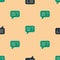 Green and black Unknown search icon isolated seamless pattern on beige background. Magnifying glass and question mark