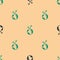 Green and black Volunteer team planting trees icon isolated seamless pattern on beige background. Represents ecological