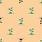 Green and black Volunteer team planting trees icon isolated seamless pattern on beige background. Represents ecological