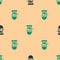 Green and black Well with a bucket and drinking water icon isolated seamless pattern on beige background. Vector