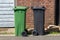 a green and a black wheelie bin side by side on a street