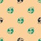 Green and black Worldwide icon isolated seamless pattern on beige background. Pin on globe. Vector