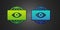 Green and blue Big brother electronic eye icon isolated on black background. Global surveillance technology, computer