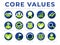 Green Blue Company Core Values Round Web Icon Set. Integrity, Leadership, Quality and Development, Creativity, Accountability,