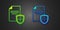 Green and blue Contract with shield icon isolated on black background. Insurance concept. Security, safety, protection