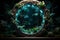 Green and Blue Neon Light with Tropical Leaves, round portal made of light line, AI generate
