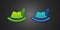 Green and blue Oktoberfest hat icon isolated on black background. Hunter hat with feather. German hat. Vector