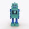 Green-blue plastic cute vintage robot shiny light bub and screen with pixel heart icon.