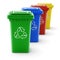 Green, blue, red and yellow recycle bins