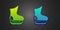 Green and blue Skates icon isolated on black background. Ice skate shoes icon. Sport boots with blades. Vector