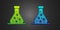 Green and blue Test tube and flask chemical laboratory test icon isolated on black background. Laboratory glassware sign