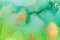 Green and Blue Watercolor Abstract Background with Round Drops and Gold Glitter