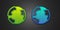 Green and blue Worldwide icon isolated on black background. Pin on globe. Vector