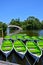 Green boats on the lake in summer in Japan.