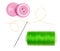 Green bobbin thread with needle and pink buttons